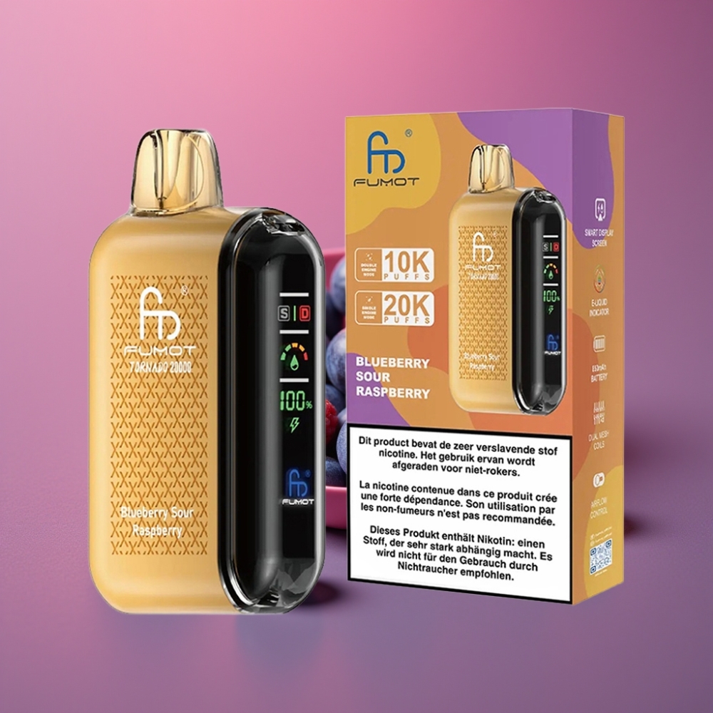 Fumot Tornado 20000 Puffs Dual Mesh 20ml 850mAh Display Airflow 2% Nikotin Borůvka Kyselá Malina