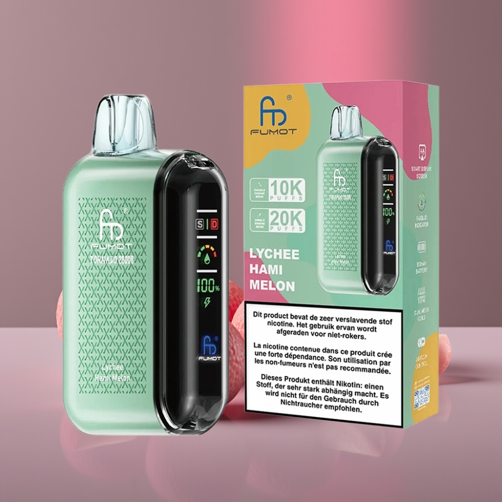Fumot Tornado 20000 Puffs Dual Mesh 20ml 850mAh Smart Display Airflow 2% Nic Lychee Hami Melon