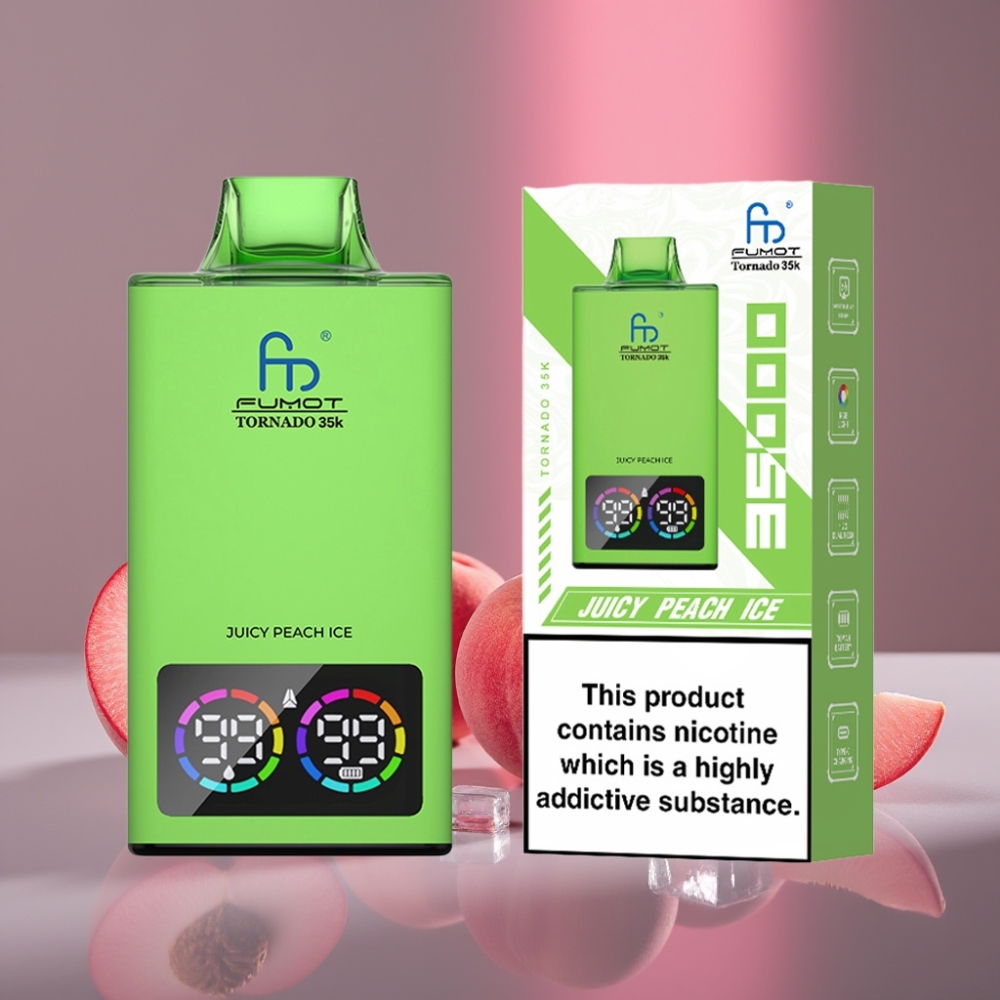 Fumot Tornado 35K Disposable Vape Duální Síť Cívka 15ml Šťavnatá Broskvová Ledová USB-C RGB
