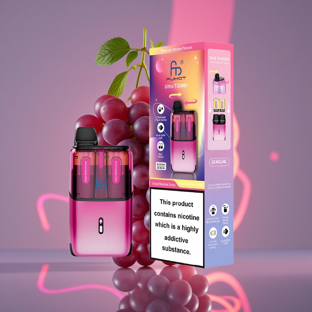 Fumot Ultra T32000 Disposable Vape 32000 Potahů, 800mAh, 24ml, Hroznové Duha Kapky - Jahodové Duha Kapky