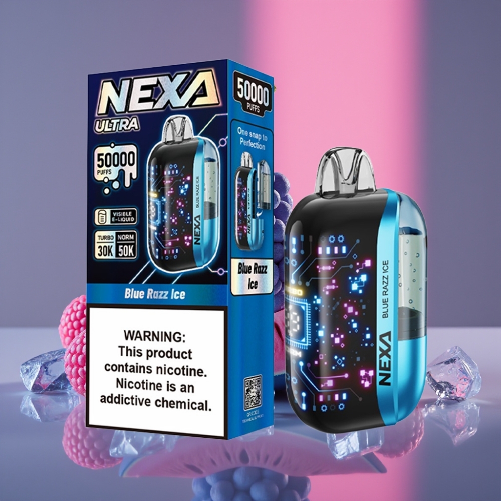 NEXA Ultra 50K Disposable Vape 20ml 800mAh Modrý Malinový Led 5% Nikotinu 0.9ohm Dual Mesh Typ-C