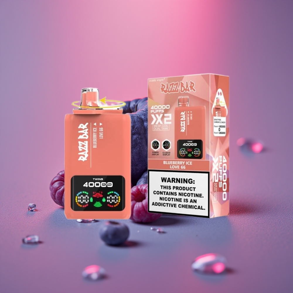 Razz Bar 40000 Puffs Disposable Vape BLUEBERRY ICE & LOVE 65, Power Screen Display, 1.0Ω×2 Mesh Coil, 650mAh, Type-C