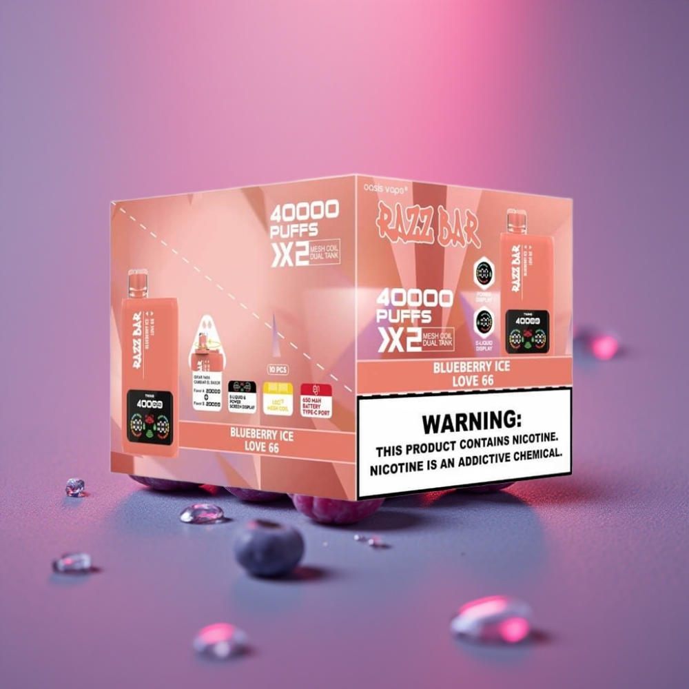 Razz Bar 40000 Puffs Disposable Vape BLUEBERRY ICE & LOVE 65, Power Screen Display, 1.0Ω×2 Mesh Coil, 650mAh, Type-C