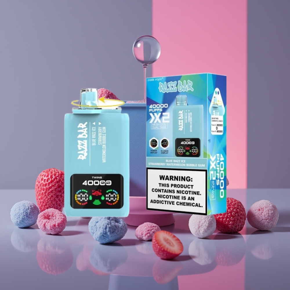Razz Bar 40000 Puffs Disposable Vape Modrý Malinový Led-Jahoda Meloun Bubble Gum, Power Screen, 1.0Ω×2 Mesh, 650mAh, Type-C