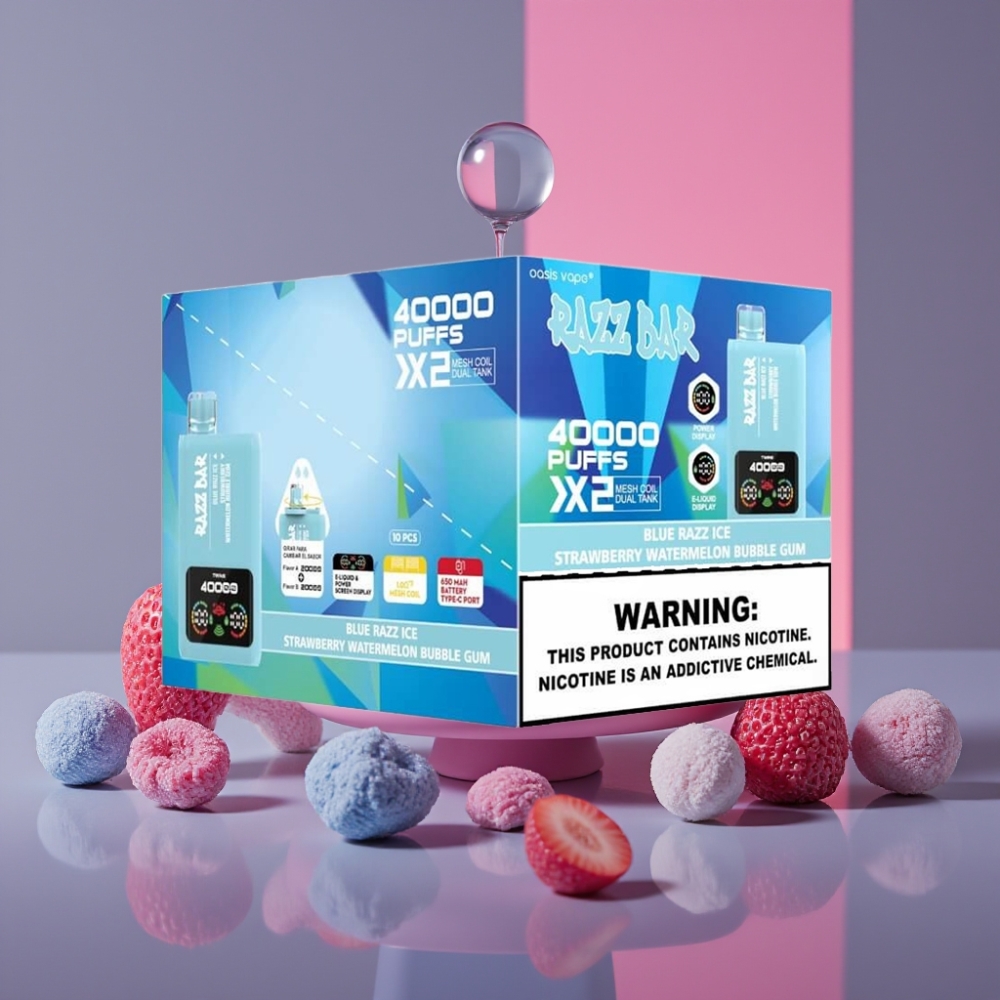 Razz Bar 40000 Puffs Disposable Vape Modrý Malinový Led-Jahoda Meloun Bubble Gum, Power Screen, 1.0Ω×2 Mesh, 650mAh, Type-C