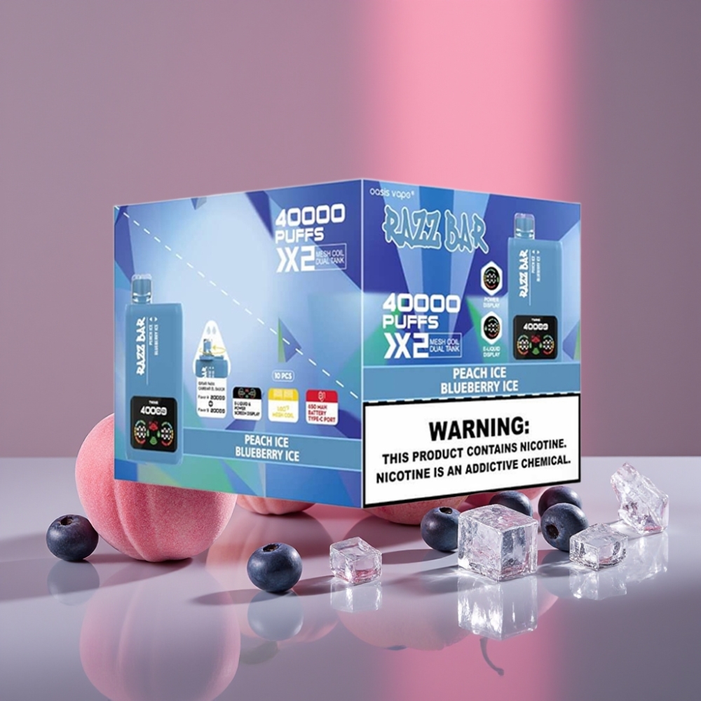 Razz Bar 40000 Puffs Disposable Vape PEACH ICE & BLUEBERRY ICE (Broskevový Led & Borůvkový Led) 650mAh Type-C 2×1.0Ω Mesh