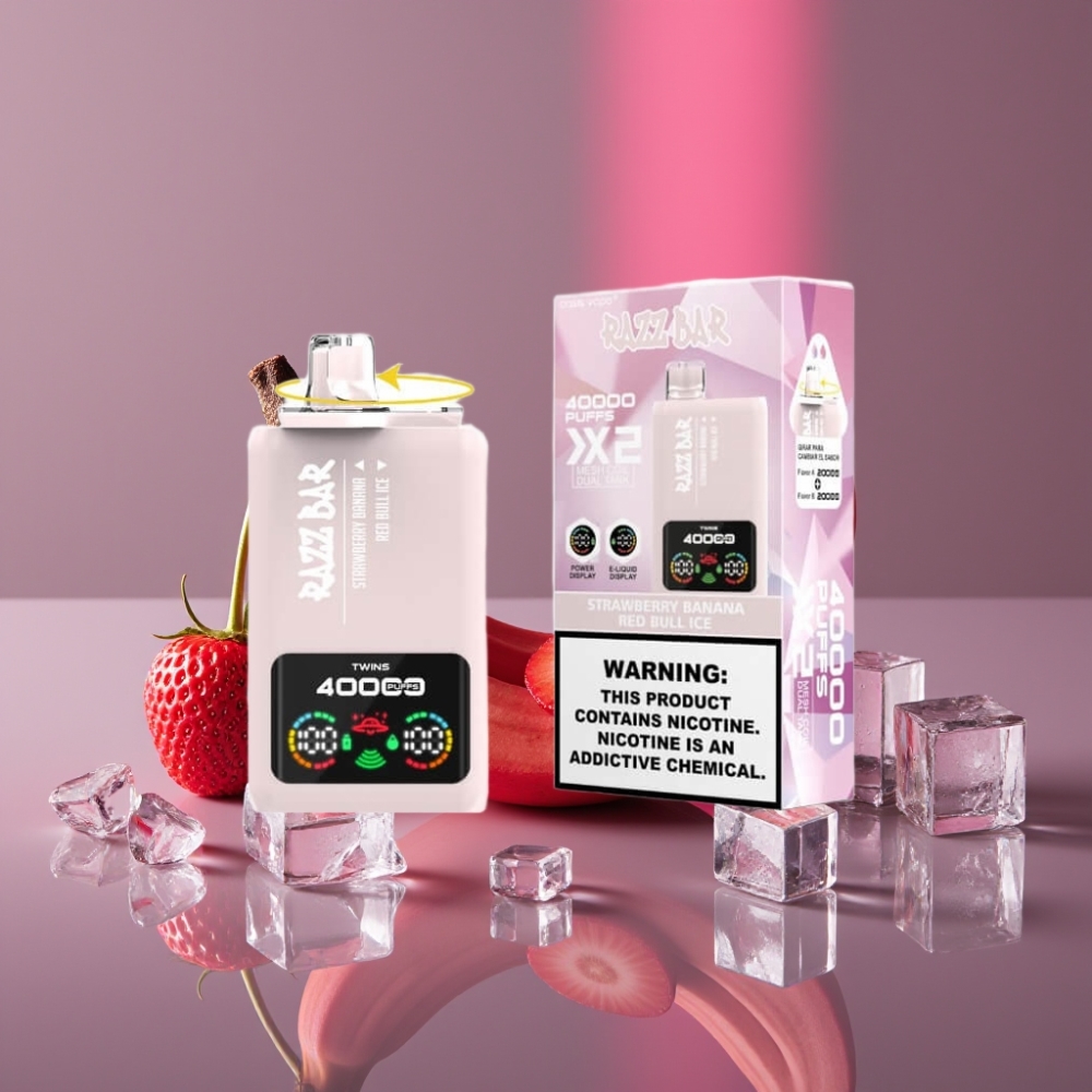 Razz Bar 40000 Puffs Disposable Vape STRAWBERRY BANANA & RED BULL ICE Výkonová obrazovka, 1.0Ω×2 Mesh Coil, 650mAh baterie