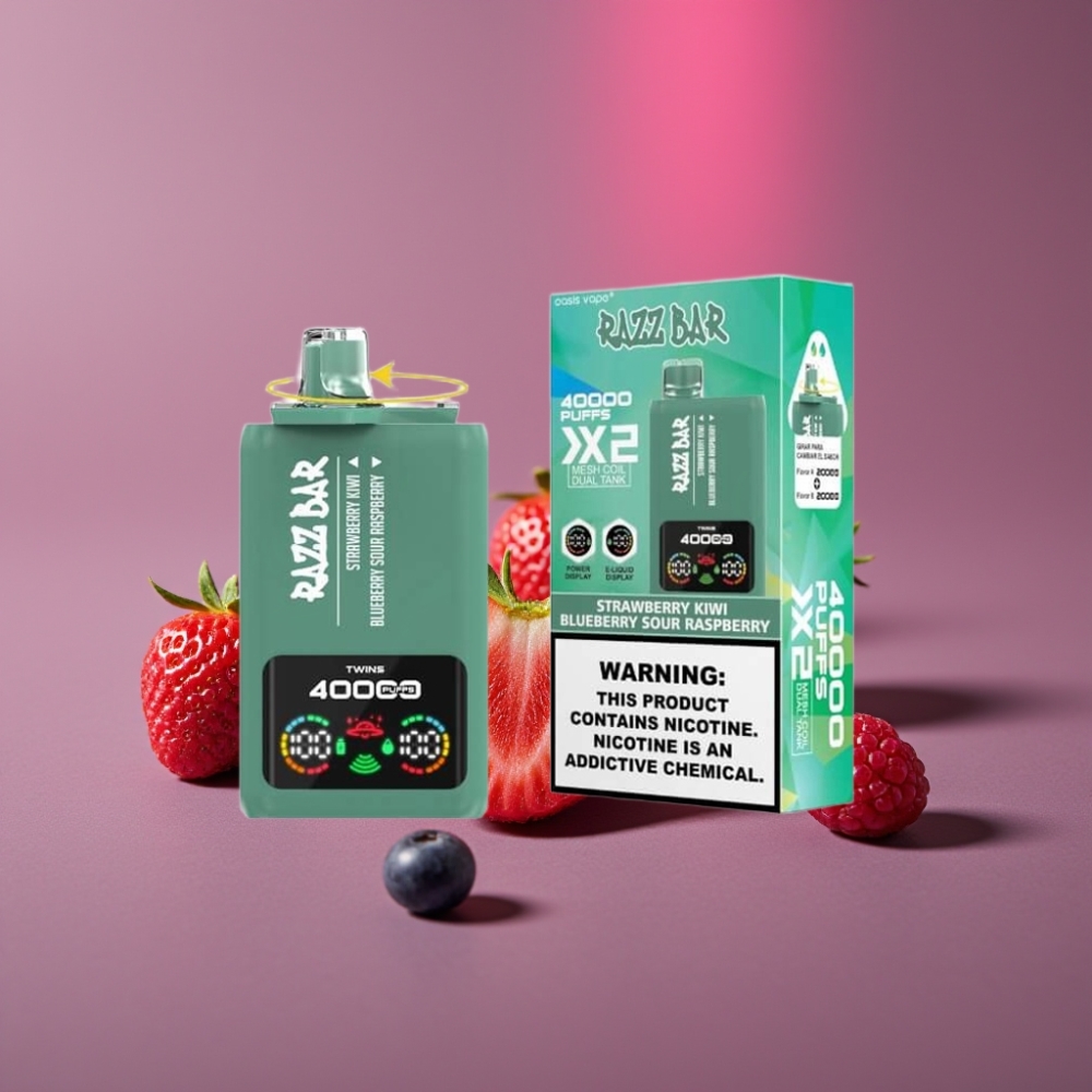 Razz Bar 40000 Puffs Disposable Vape S JAHODOU & KIWI A BORŮVKOU & MALINOU, Power Screen, 1.0Ω×2 Mesh, 650mAh, Type-C