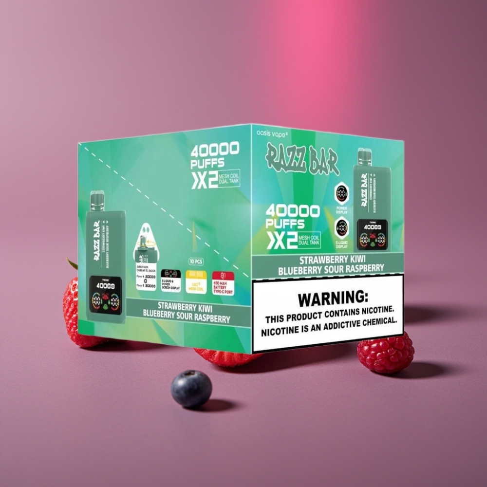 Razz Bar 40000 Puffs Disposable Vape S JAHODOU & KIWI A BORŮVKOU & MALINOU, Power Screen, 1.0Ω×2 Mesh, 650mAh, Type-C