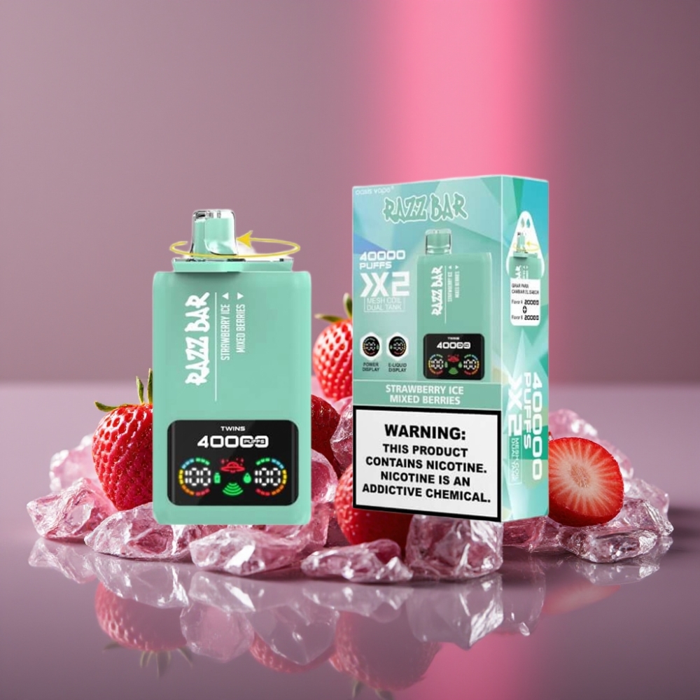 Razz Bar 40000 Puffs Disposable Vape S JAHODOVÝM LEDEM & SMĚSÍ BOBULÍ, Power Screen Display, 1.0Ω×2 Mesh Coil, 650mAh
