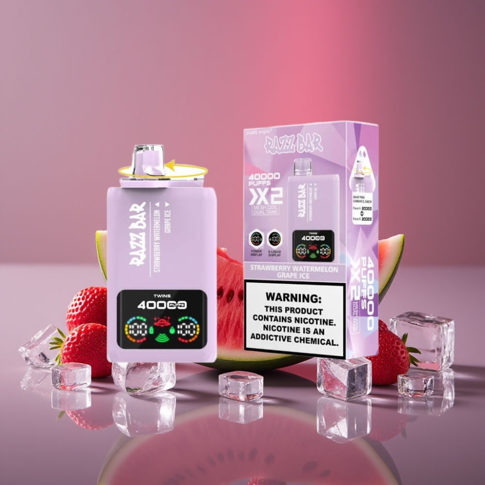 Razz Bar 40000 Puffs Disposable Vape s displejem, 1.0Ω×2 Mesh Coil, 650 mAh, USB-C, Jahoda-Melon & Ledový Hrozen
