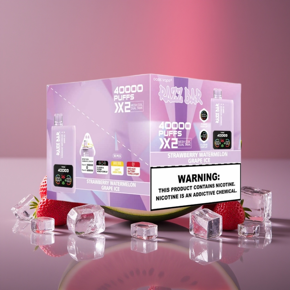 Razz Bar 40000 Puffs Disposable Vape s displejem, 1.0Ω×2 Mesh Coil, 650 mAh, USB-C, Jahoda-Melon & Ledový Hrozen