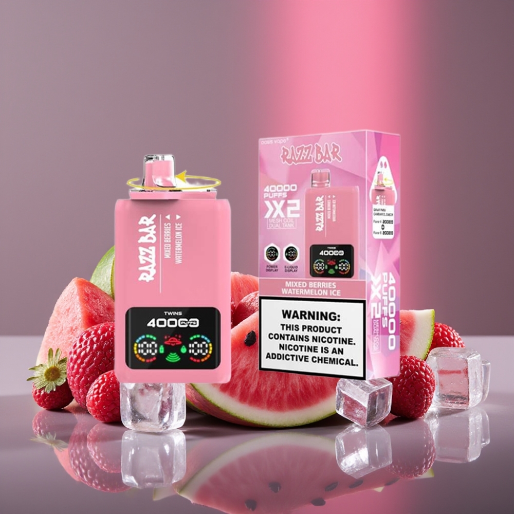 Razz Bar 40000 Puffs Dispozabilní Vape MÍCHANÉ BOBULE & MELOUNOVÝ LED Výkonový displej, 1.0Ω×2 Mesh Coil, 650mAh, Type-C