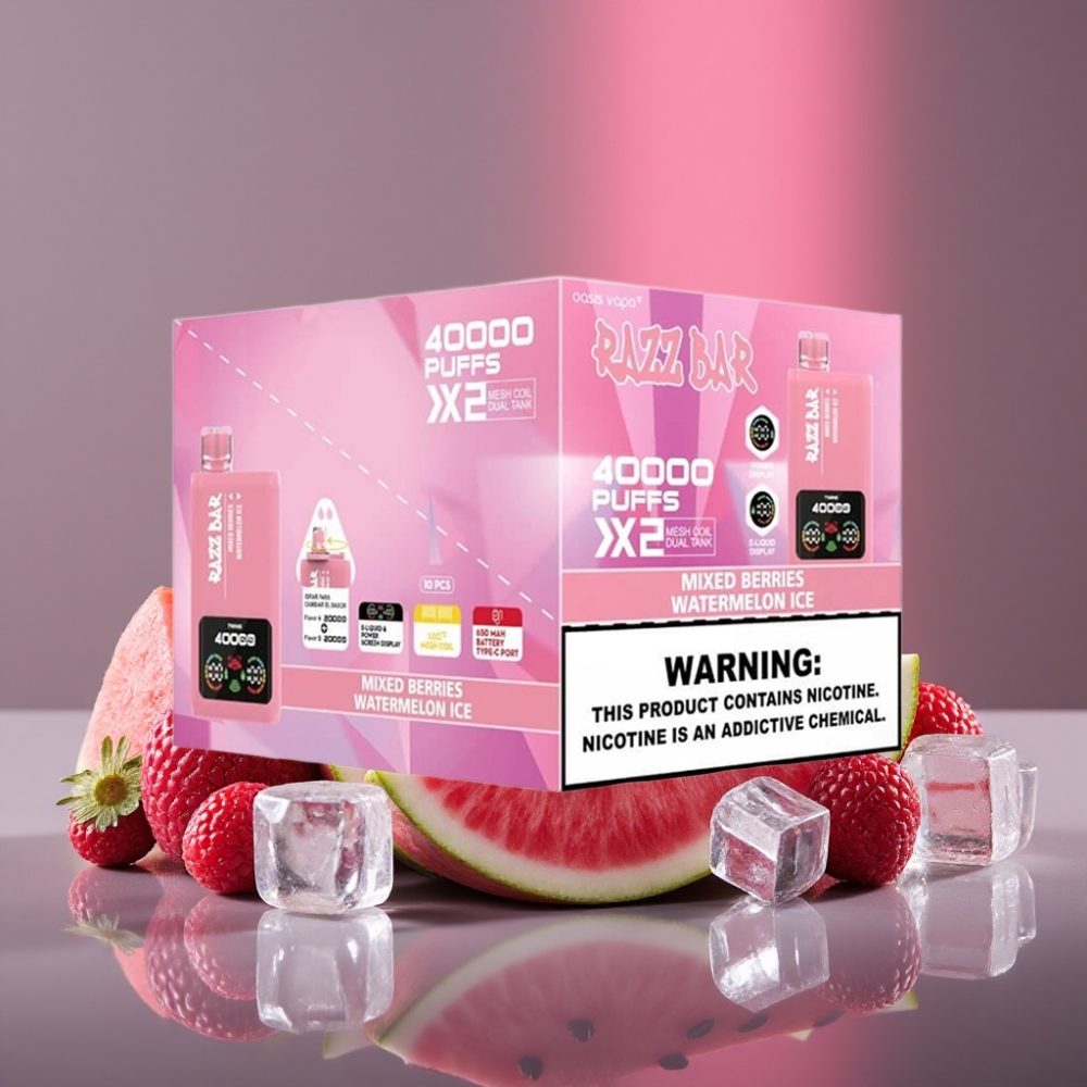 Razz Bar 40000 Puffs Dispozabilní Vape MÍCHANÉ BOBULE & MELOUNOVÝ LED Výkonový displej, 1.0Ω×2 Mesh Coil, 650mAh, Type-C