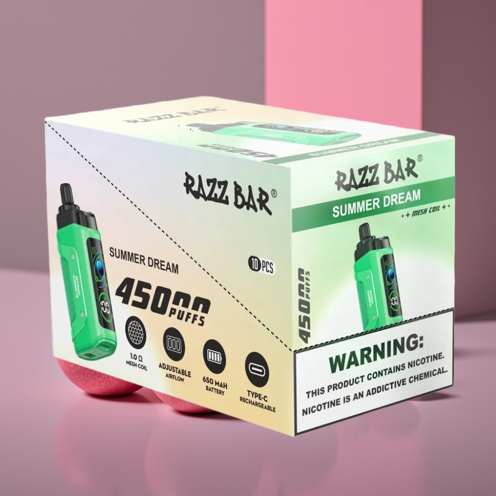 Razz Bar 45000 Páhů Disposable Vape Letní Sen, 1.0 Ohm Mesh, Nastavitelný Průtok Vzduchu, 650mAh, Typ-C, 20 mg/ml Nikotinu