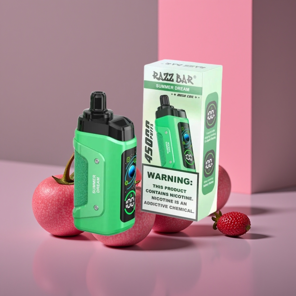 Razz Bar 45000 Páhů Disposable Vape Letní Sen, 1.0 Ohm Mesh, Nastavitelný Průtok Vzduchu, 650mAh, Typ-C, 20 mg/ml Nikotinu