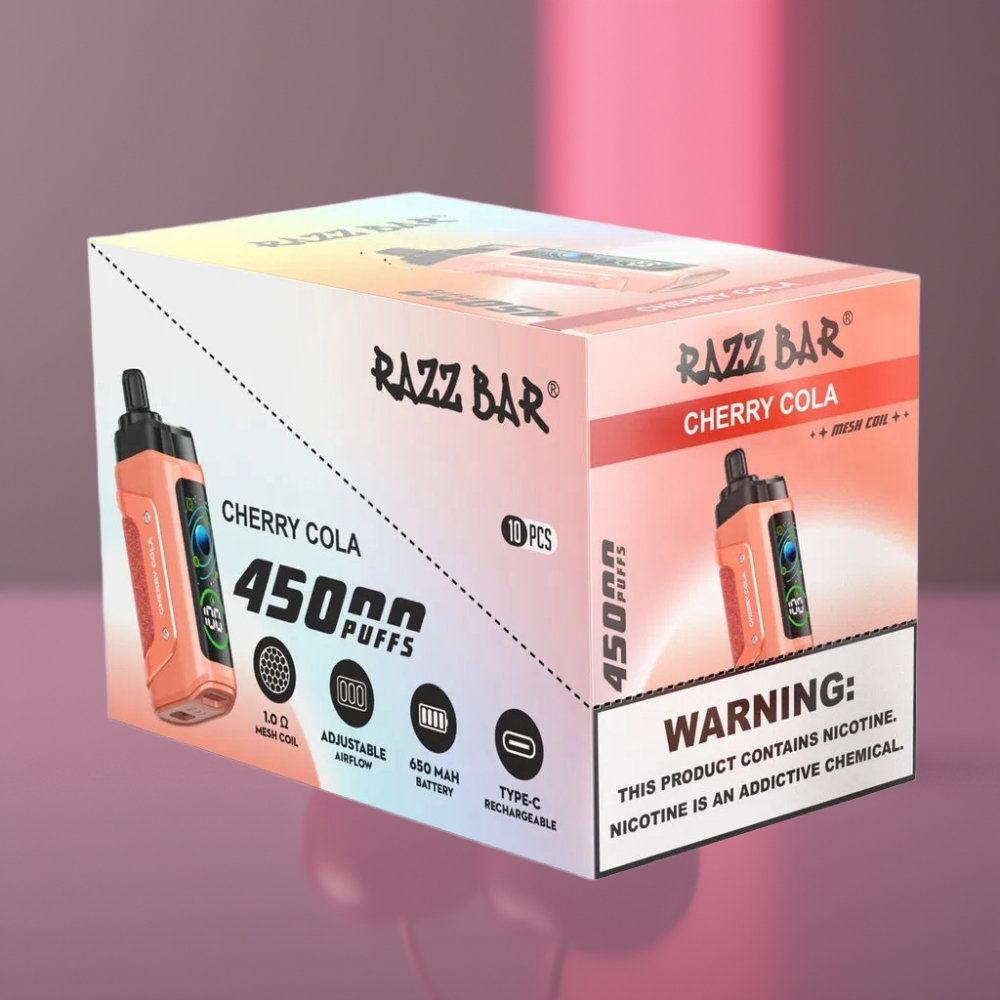 Razz Bar 45000 Puffs 1.0 Ohm Mesh Nastavitelný Průtok Vzduchu 650 mAh Typ-C Višňová Kola Disposable Vape