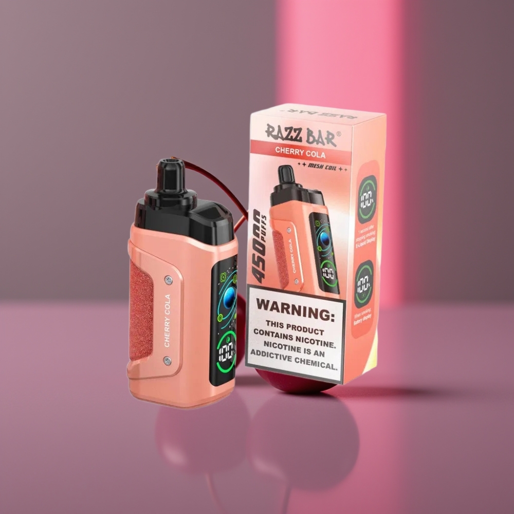 Razz Bar 45000 Puffs 1.0 Ohm Mesh Nastavitelný Průtok Vzduchu 650 mAh Typ-C Višňová Kola Disposable Vape