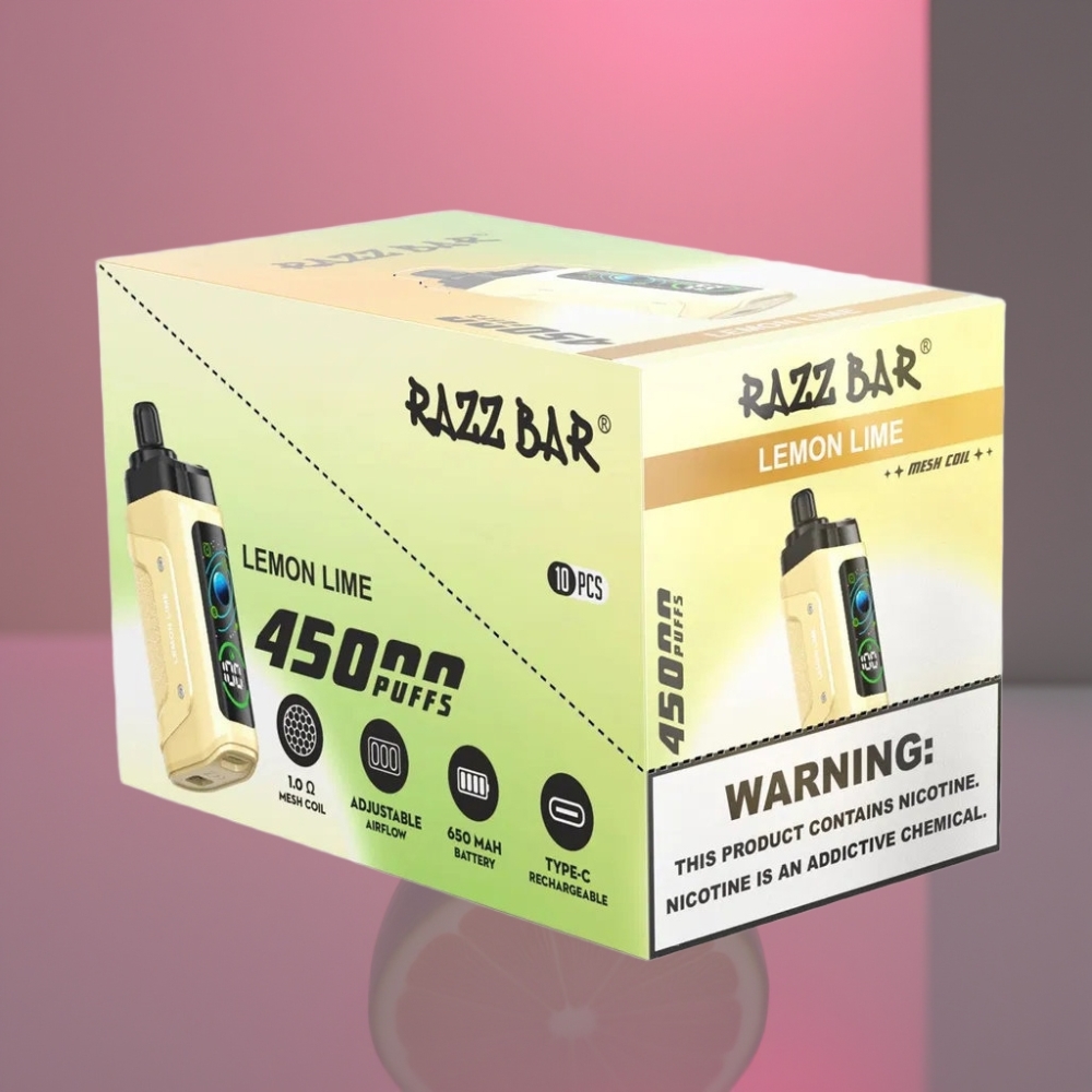Razz Bar 45000 Puffs Disposable Vape Citrón Limetka 1.0 Ohm Mesh Coil Nastavitelný Průtok Vzduchu 650 mAh Type-C 20 mg/ml Nikotinu