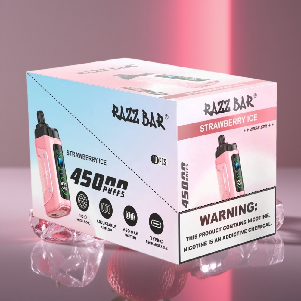 Razz Bar 45000 Puffs Disposable Vape Jahoda Led s 1.0 Ohm Mesh Coil, Nastavitelným Průtokem Vzduchu, 650 mAh Baterií a Typem-C Nabíjením 20 mg/ml Nikotinu