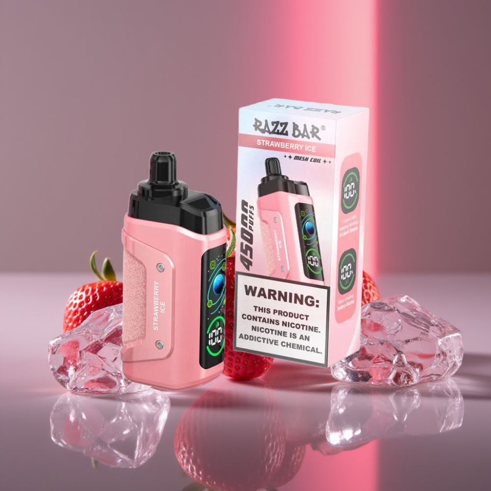 Razz Bar 45000 Puffs Disposable Vape Jahoda Led s 1.0 Ohm Mesh Coil, Nastavitelným Průtokem Vzduchu, 650 mAh Baterií a Typem-C Nabíjením 20 mg/ml Nikotinu