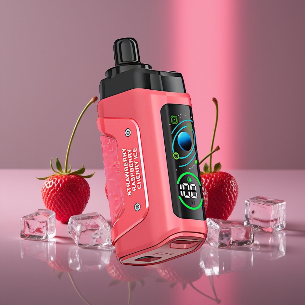 Razz Bar 45000 Puffs Disposable Vape Jahoda Višeň Led s 1.0 Ohm Mesh Cívkou, Nastavitelným Průtokem Vzduchu, 650 mAh Baterií a Typem-C
