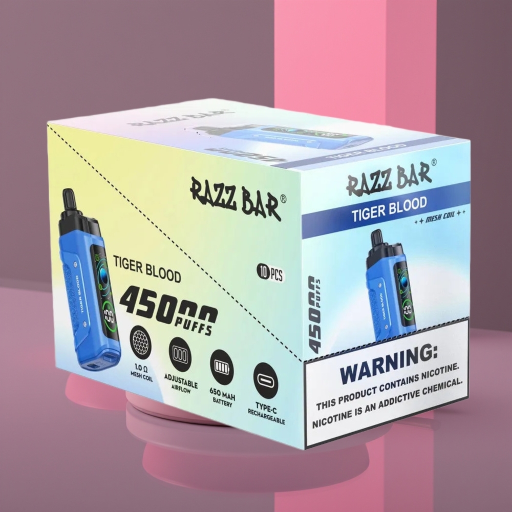 Razz Bar 45000 Puffs Disposable Vape Tygrí Krev s 1.0 Ohm Mesh Coil, Nastavitelným Průtokem Vzduchu a Typ-C Nabíjením