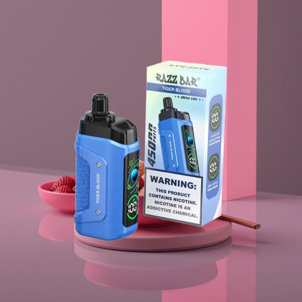 Razz Bar 45000 Puffs Disposable Vape Tygrí Krev s 1.0 Ohm Mesh Coil, Nastavitelným Průtokem Vzduchu a Typ-C Nabíjením