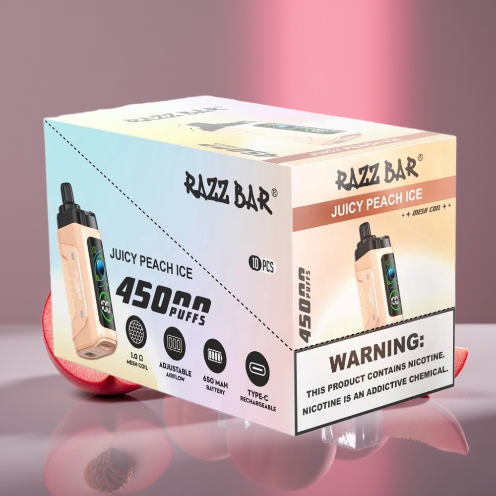 Razz Bar 45000 Puffs Disposable Vape Šťavnatý Broskev Led s 1.0 Ohm Mesh Coil, Nastavitelným Průtokem Vzduchu a Typem-C Nabíjením