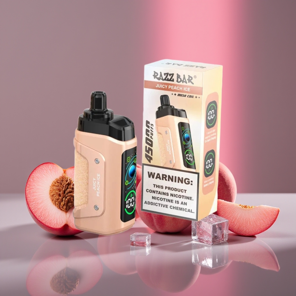 Razz Bar 45000 Puffs Disposable Vape Šťavnatý Broskev Led s 1.0 Ohm Mesh Coil, Nastavitelným Průtokem Vzduchu a Typem-C Nabíjením