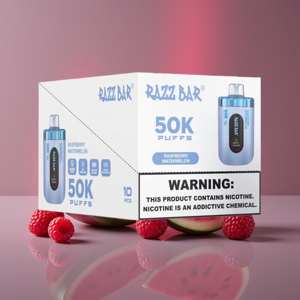 Razz Bar 50K Puffs 1.0 Ohm Mesh 650mAh Type-C 2% Nikotin Malina Vodní Meloun Disposable Vape