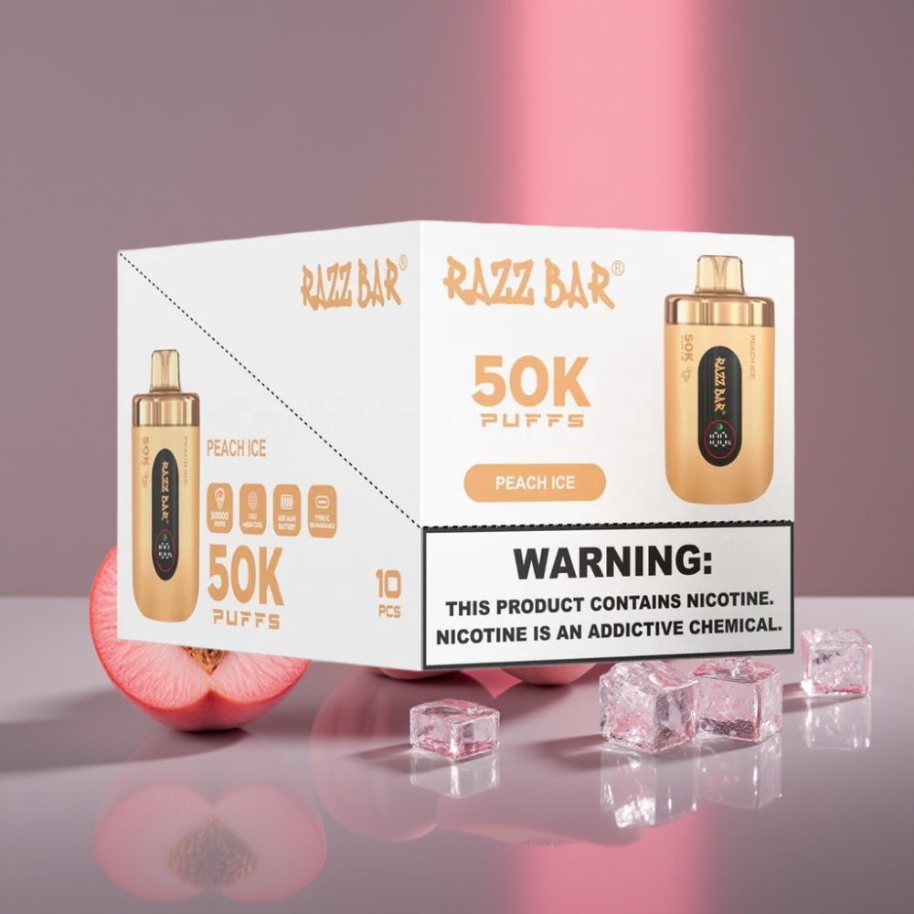 Razz Bar 50K Puffs Disposable Vape Broskvový Led 1.0 Ohm Mesh 650mAh Type-C 2%