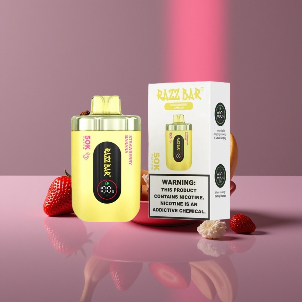 Razz Bar 50K Puffs Disposable Vape Jahoda Banán s 1.0 Ohm Mesh Coil, 650 mAh, Type-C, 2% Nikotinu