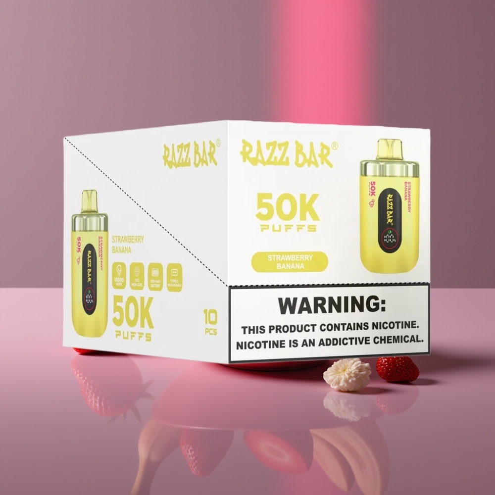 Razz Bar 50K Puffs Disposable Vape Jahoda Banán s 1.0 Ohm Mesh Coil, 650 mAh, Type-C, 2% Nikotinu