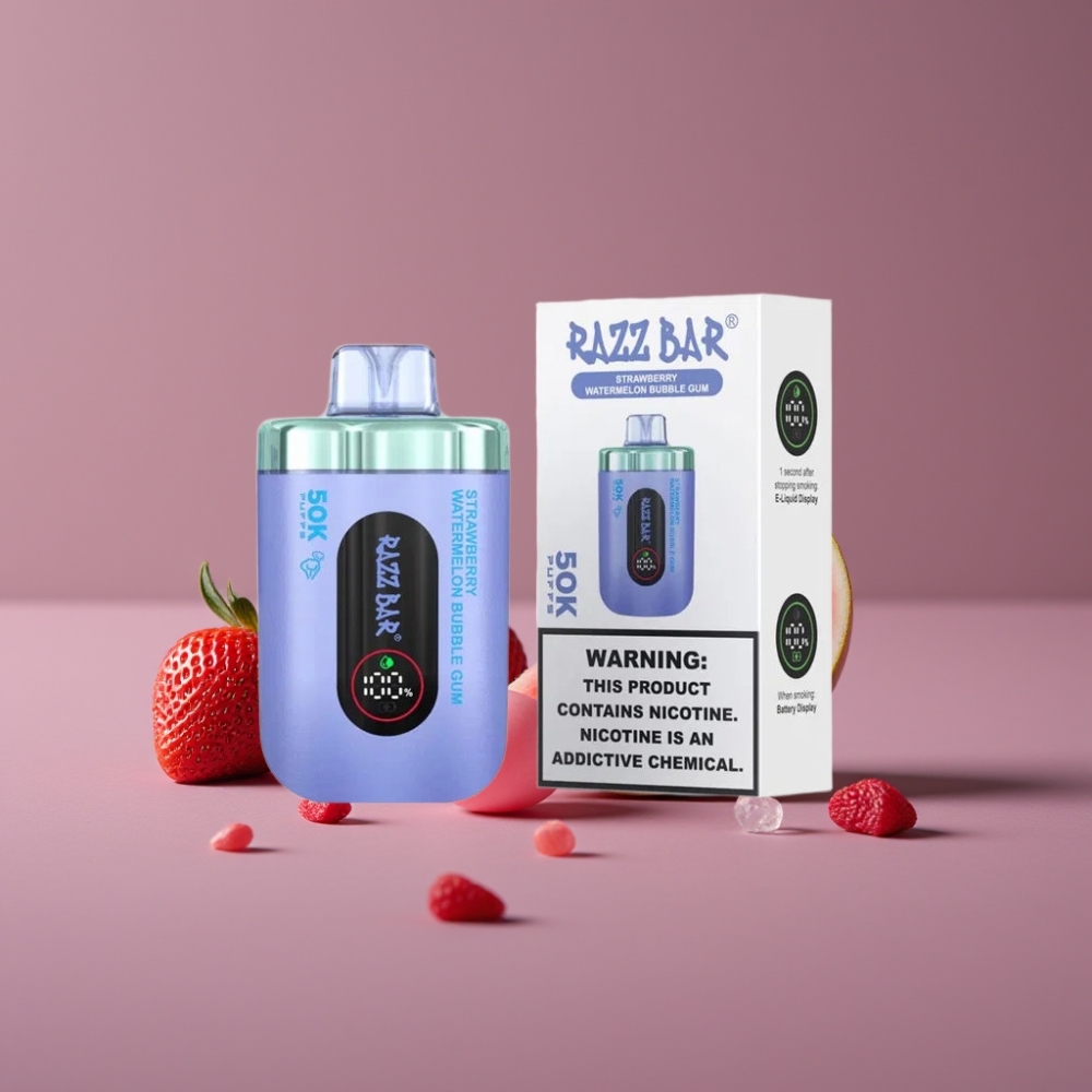 Razz Bar 50K Puffs Disposable Vape Jahoda Vodní Meloun Bublinková Žvýkačka 1.0 Ohm 650mAh Type-C 2% Nikotinu