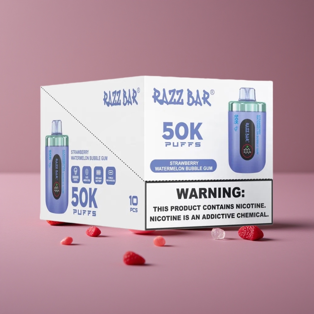 Razz Bar 50K Puffs Disposable Vape Jahoda Vodní Meloun Bublinková Žvýkačka 1.0 Ohm 650mAh Type-C 2% Nikotinu