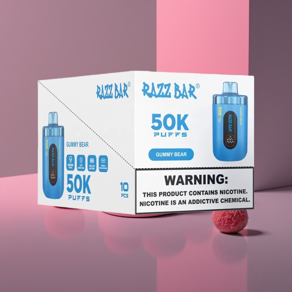 Razz Bar 50K Puffs Disposable Vape Medvídek Gumi 1.0 Ohm 650mAh Type-C 2% Nic