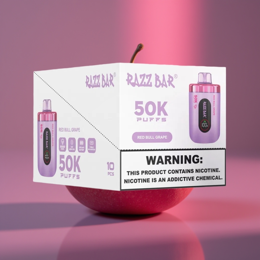 Razz Bar 50K Puffs Disposable Vape Red Bull Hroznový s 1.0 Ohm Mesh Coil, 650 mAh, Type-C, 2% Nikotinu