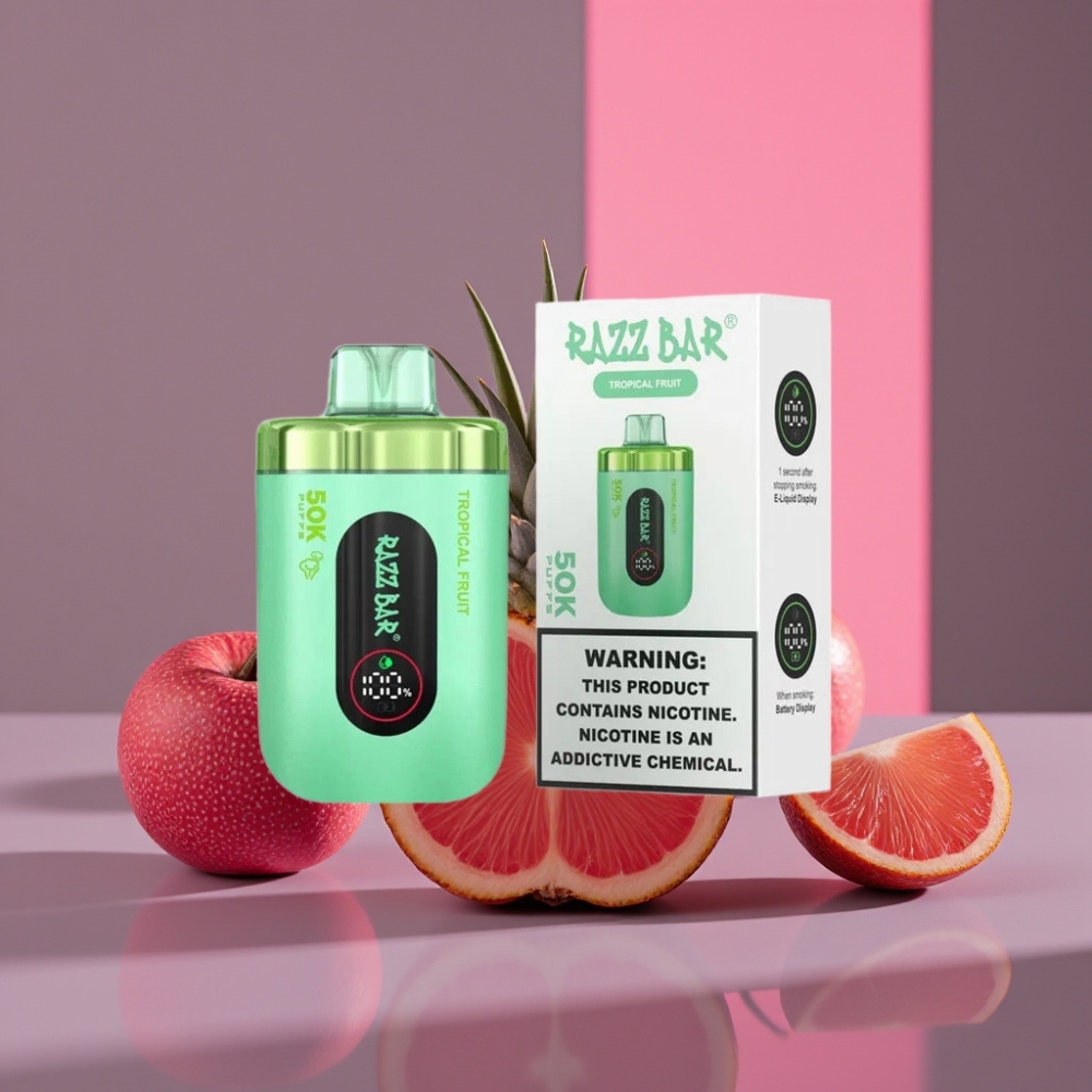 Razz Bar 50K Puffs Disposable Vape Tropické Ovoce, 1.0 Ohm Mesh, 650mAh, Typ-C, 2% Nikotinu