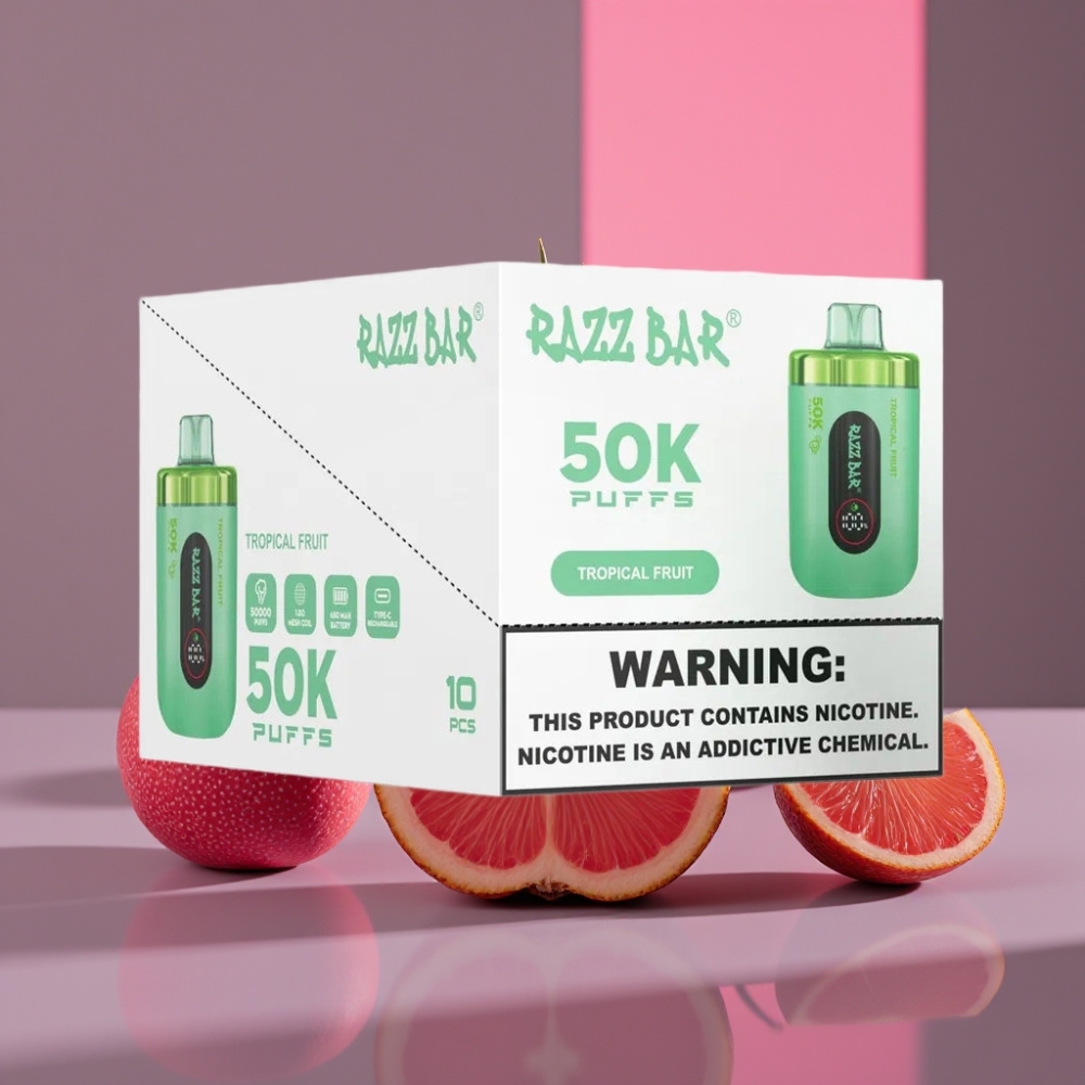 Razz Bar 50K Puffs Disposable Vape Tropické Ovoce, 1.0 Ohm Mesh, 650mAh, Typ-C, 2% Nikotinu