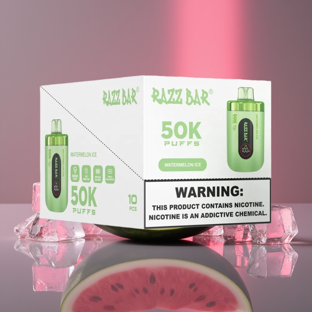 Razz Bar 50K Puffs Disposable Vape Vodní Meloun Led 1.0 Ohm 650mAh Typ-C 2% Nikotin