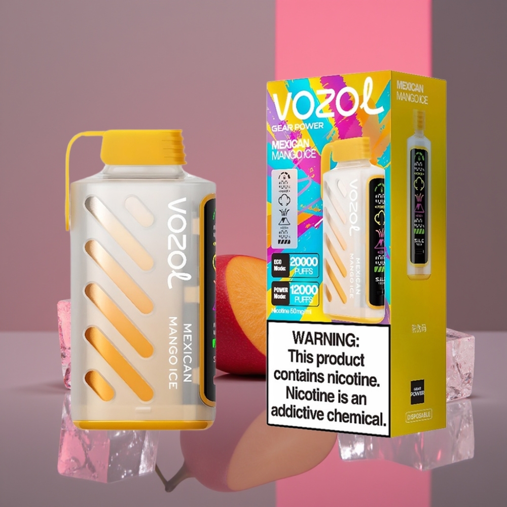 VOZOL Gear Power 20000 Puffs Disposable Vape Mexické Mango Led S.i.L.C. Tech ECO/POWER Mode Dual Mesh Coil Full Screen Display 20mL 5%