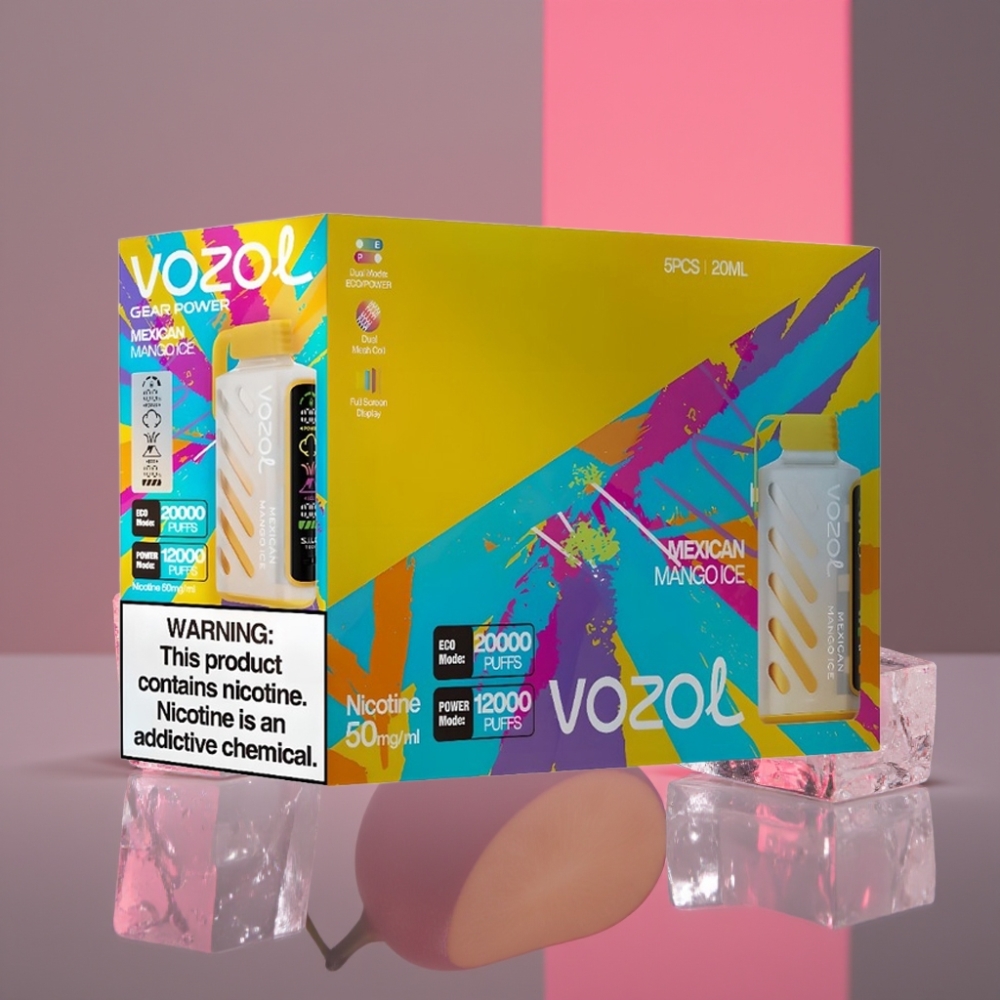 VOZOL Gear Power 20000 Puffs Disposable Vape Mexické Mango Led S.i.L.C. Tech ECO/POWER Mode Dual Mesh Coil Full Screen Display 20mL 5%